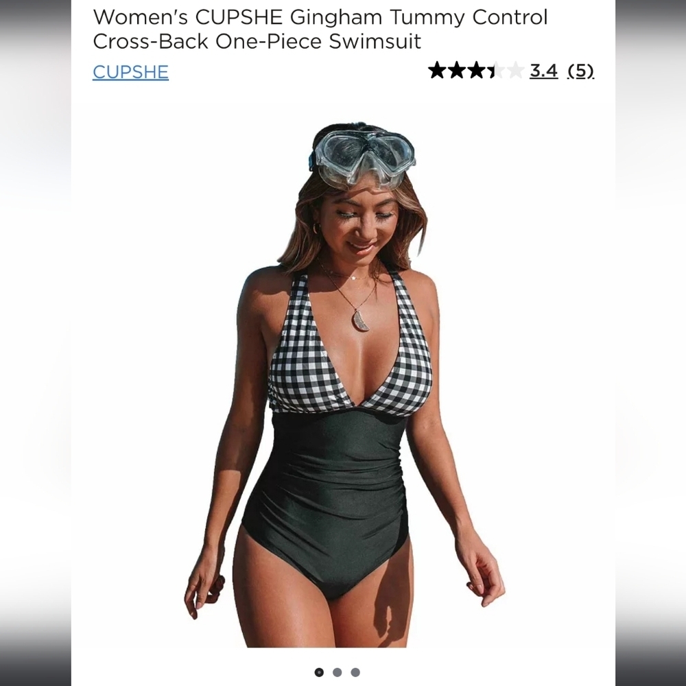 Cupshe One-Piece Swimsuit Bathing Suit Black White Plaid Gingham Tummy Control